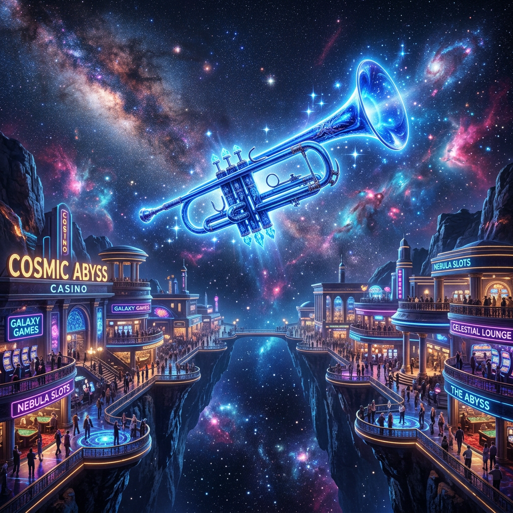 A glowing blue trumpet hovering over a cosmic casino with neon signs and people