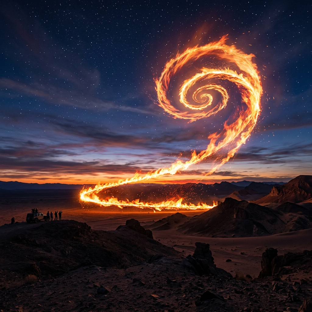 Spiral-shaped ring of fire glowing in the sky above a desert with silhouetted people watching
