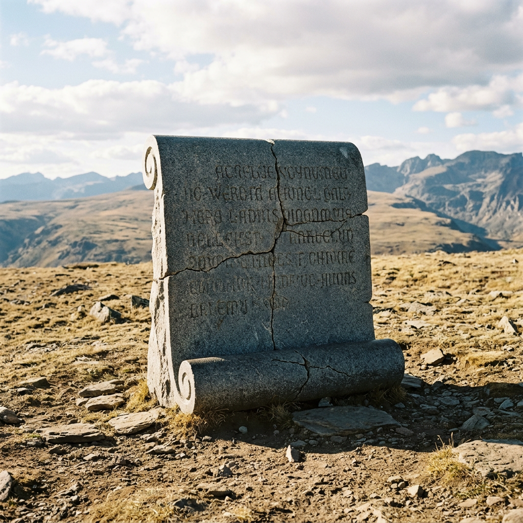 Cracked scroll-shaped stone monument with unreadable ancient inscriptions in a rocky mountain area under cloudy sky.