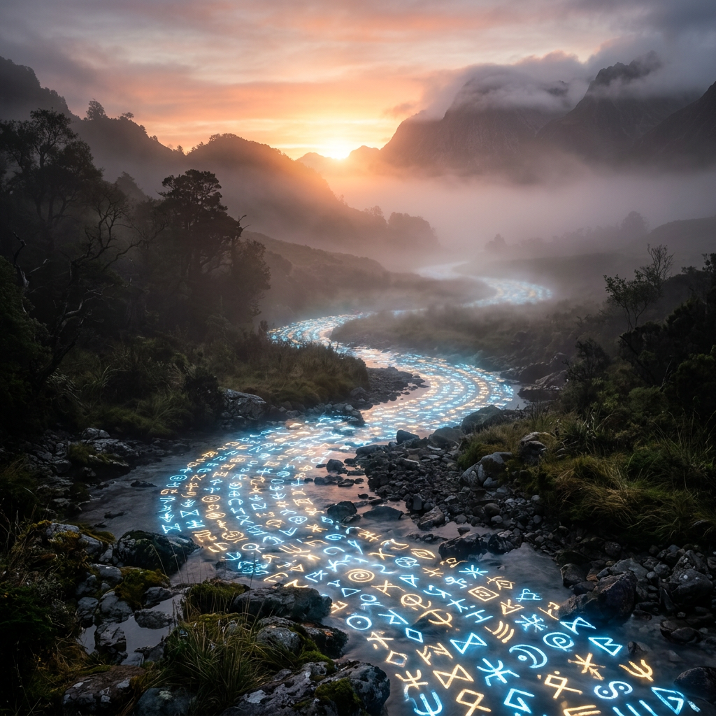River winding through mountain valley glowing with blue and gold runic symbols under a misty sunrise