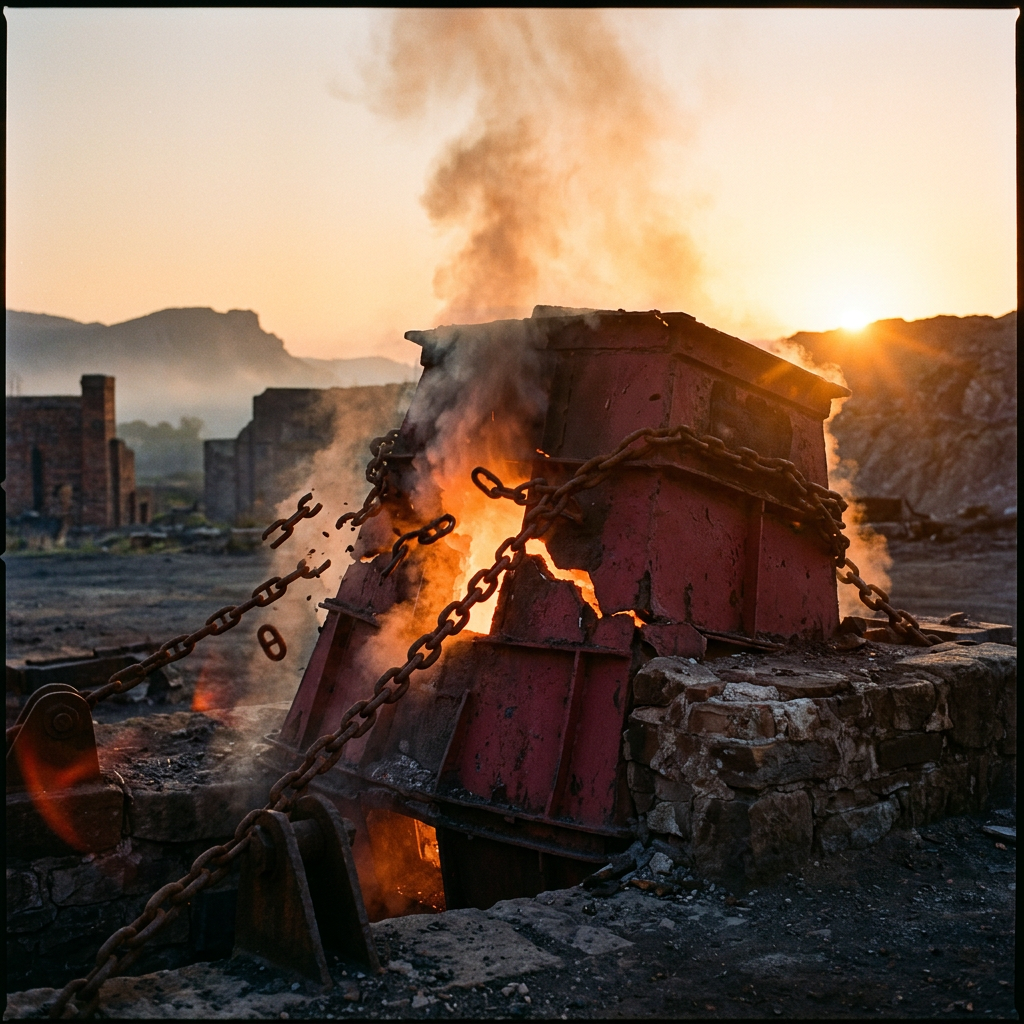 Large industrial furnace with molten metal pouring, secured by chains at sunset