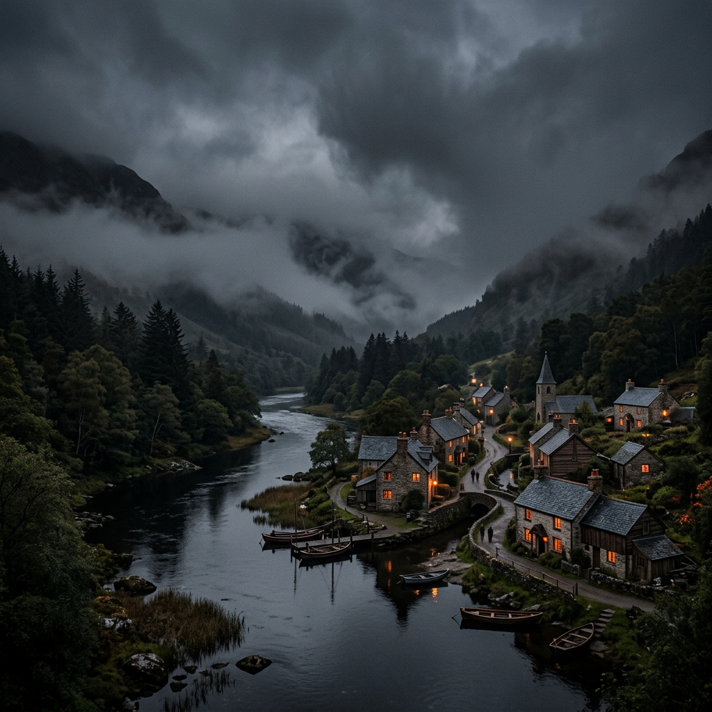 Mountain village by river with illuminated houses and boats at dusk