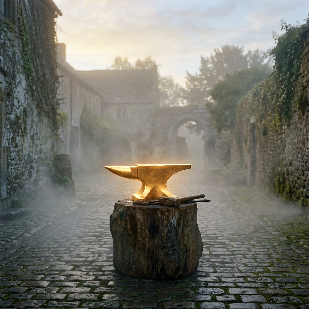 Golden anvil on tree stump with hammer in misty cobblestone village street