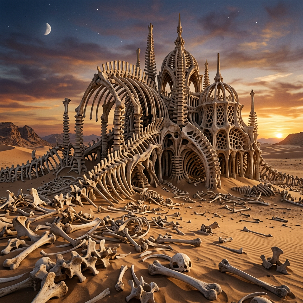 A large, ornate castle-like structure built from massive skeletal bones, set in a desert landscape with scattered individual bones around it under a colorful sunset sky.