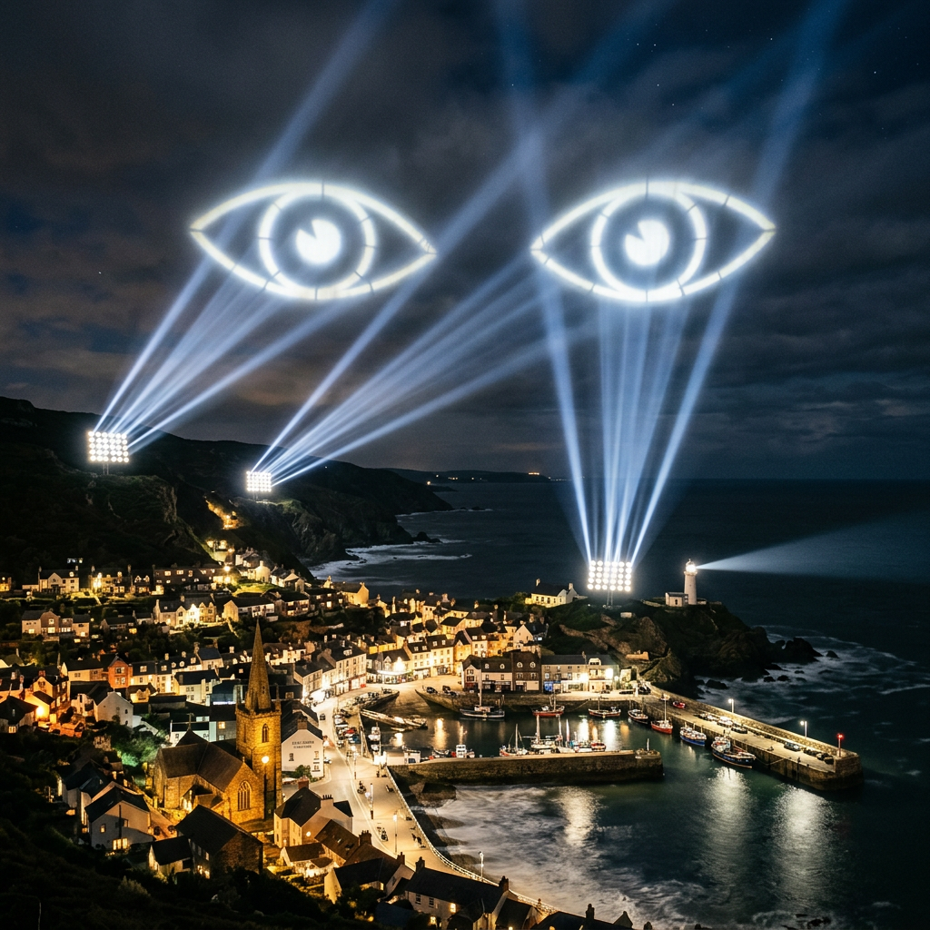 Coastal village illuminated at night with spotlights projecting two large eye shapes in the sky