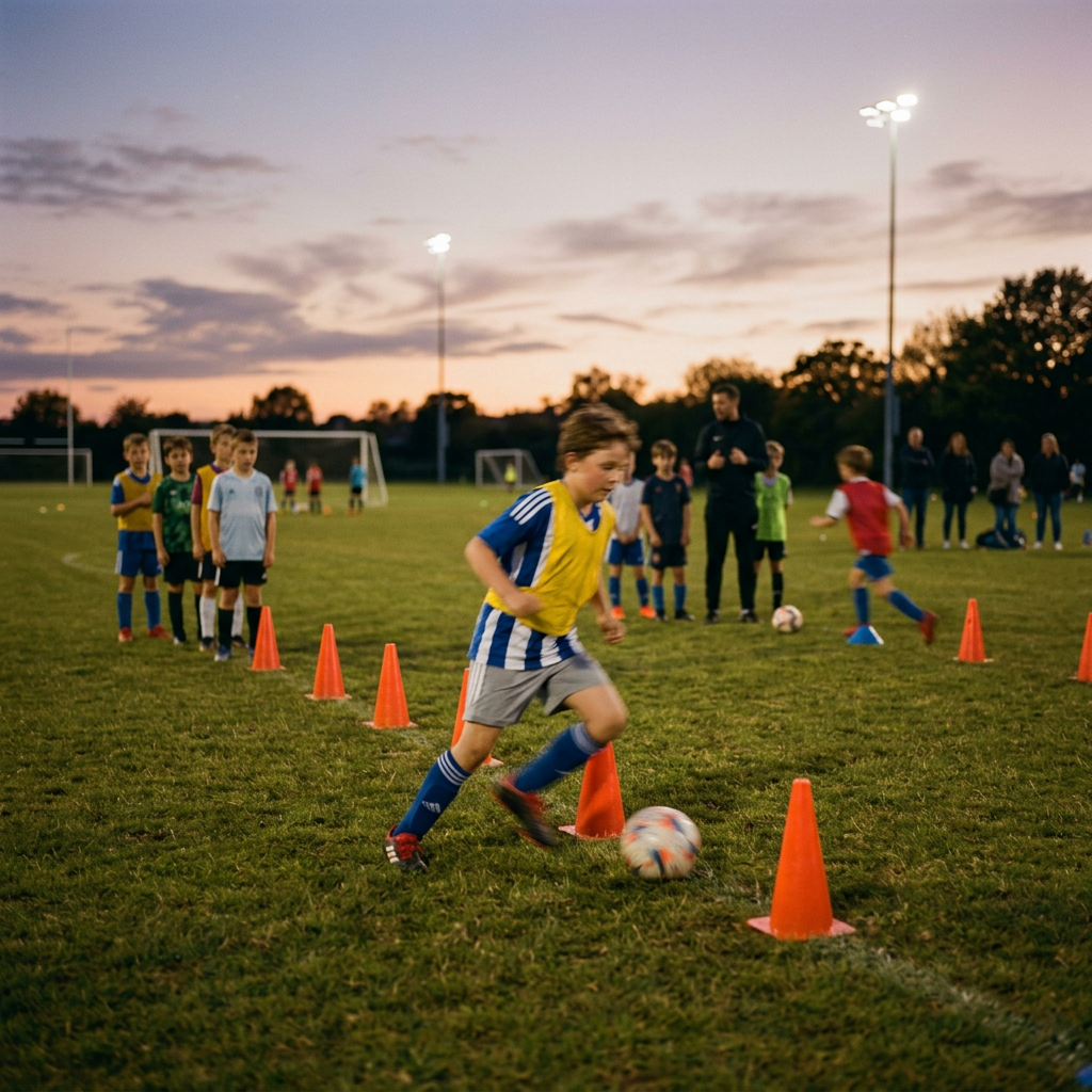 Children practicing soccer dribbling through cones on field at dusk