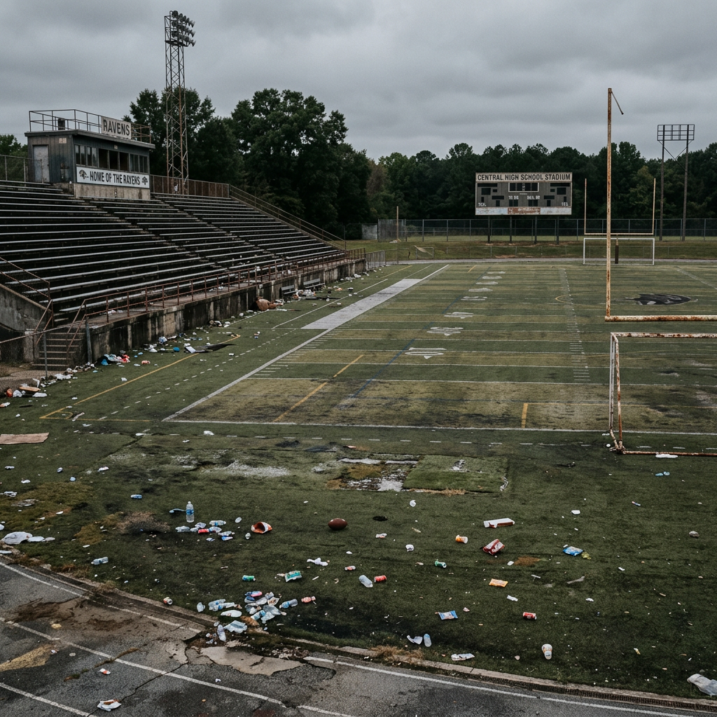 Deserted high school football field with litter and worn turf