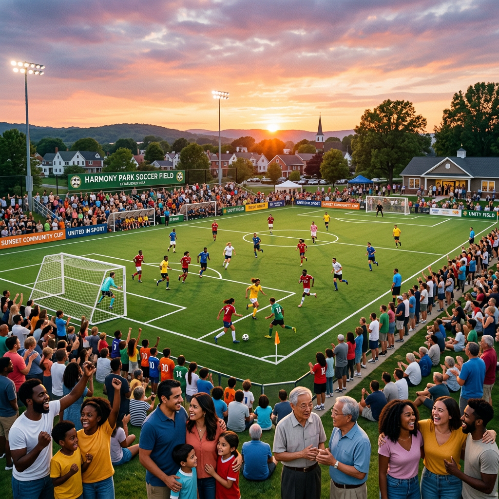 Soccer players on field with cheering crowd at Harmony Park at sunset