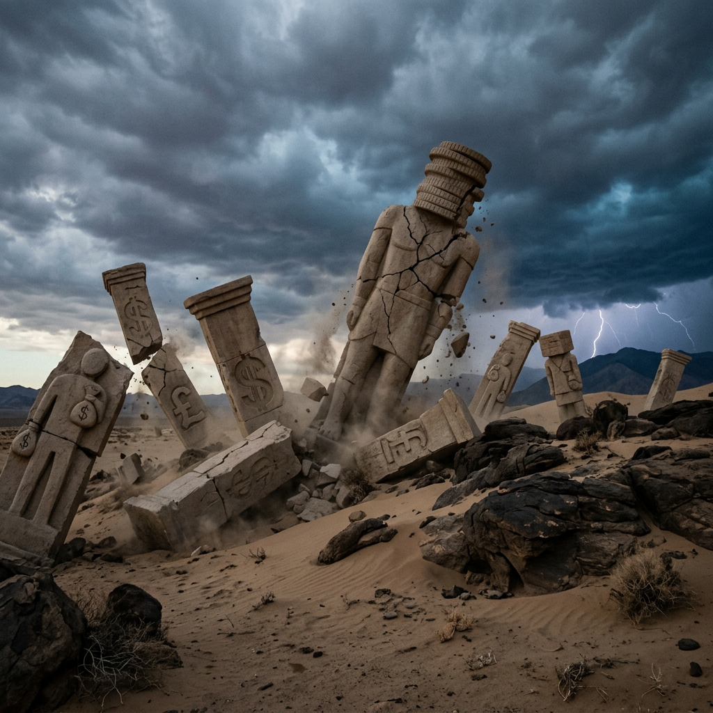 Cracked stone statues with currency symbols breaking and falling in a desert during a storm