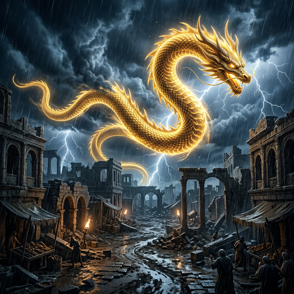 Glowing golden dragon flying above rain-soaked ancient ruins with lightning in the sky