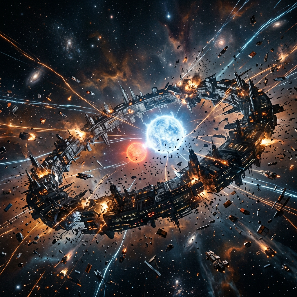 Large ring-shaped space station exploding in space surrounded by debris and laser beams near two stars