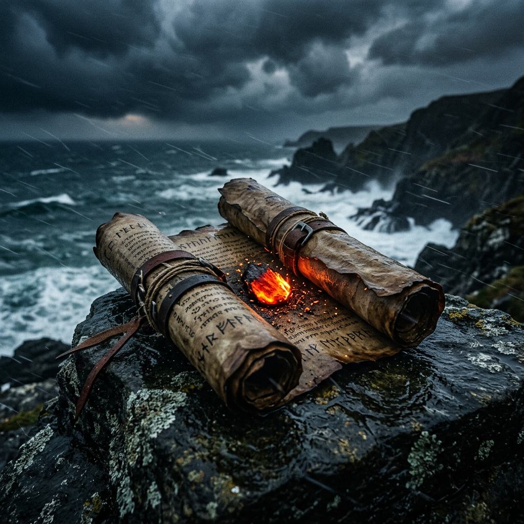 Two ancient scrolls with unknown script on a rocky cliff edge by a stormy sea, with an ember glowing between them