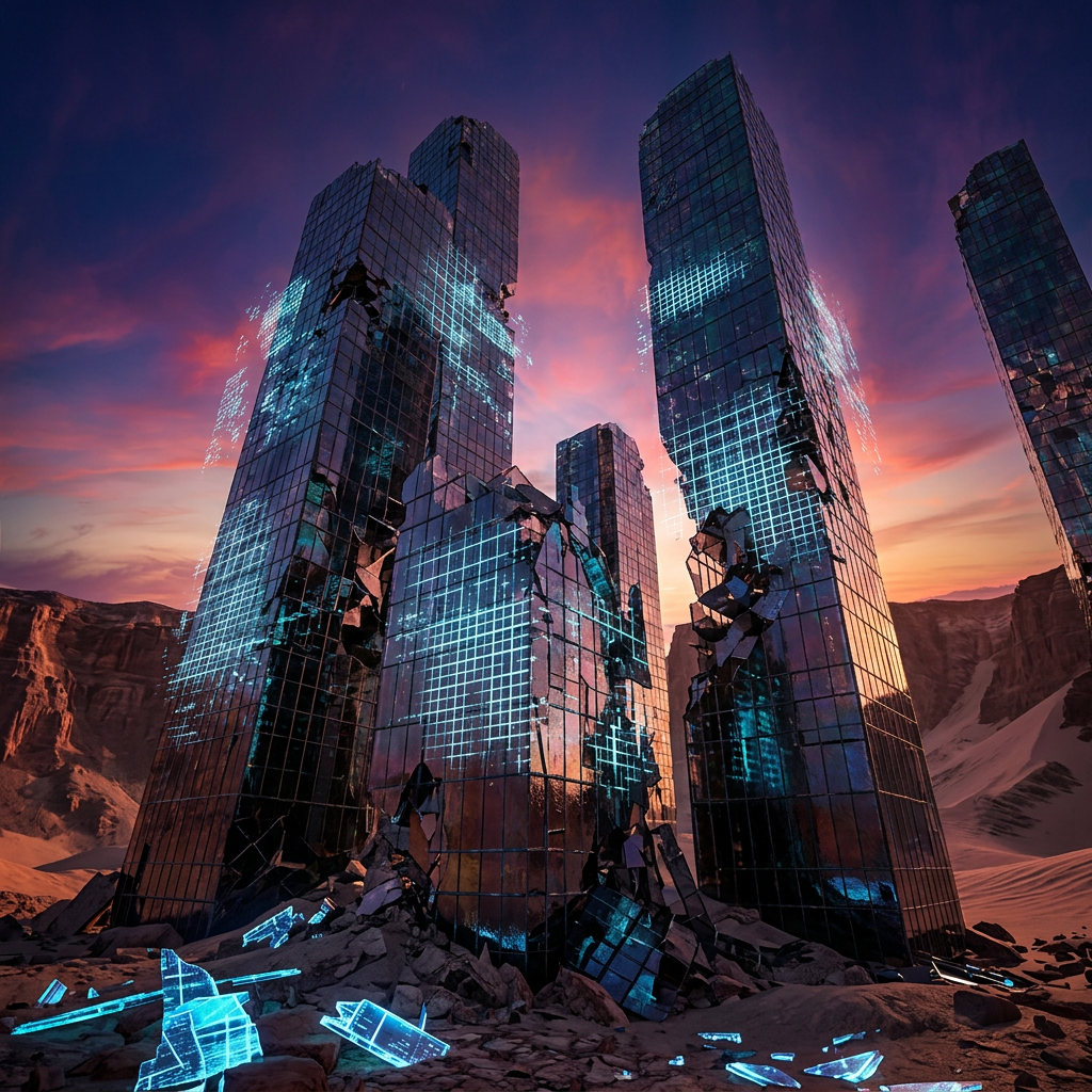 Tall shattered glass skyscrapers with glowing blue digital grid patterns in a desert during sunset