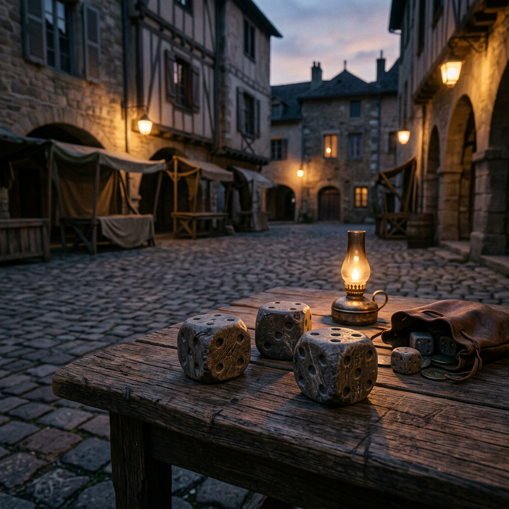 Stone dice and a lit lantern on a wooden table in a medieval cobblestone street at dusk