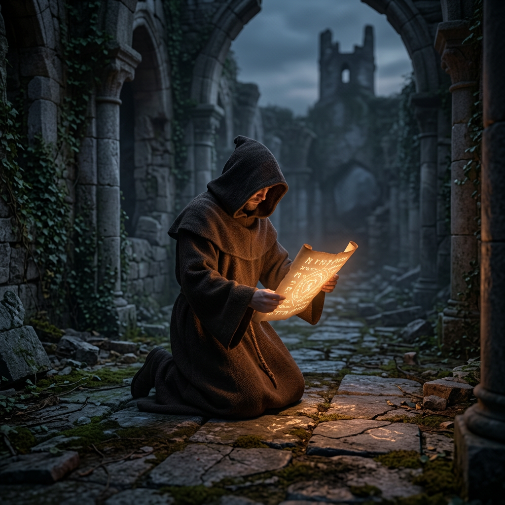 Hooded monk kneeling in stone ruins reading a glowing scroll with runes