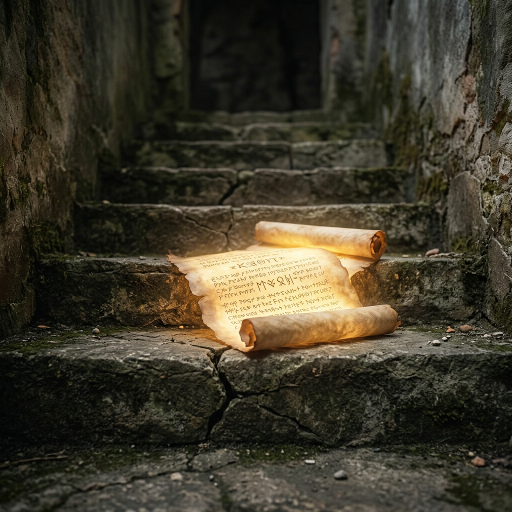 Ancient scroll with glowing runes on cracked stone stairs
