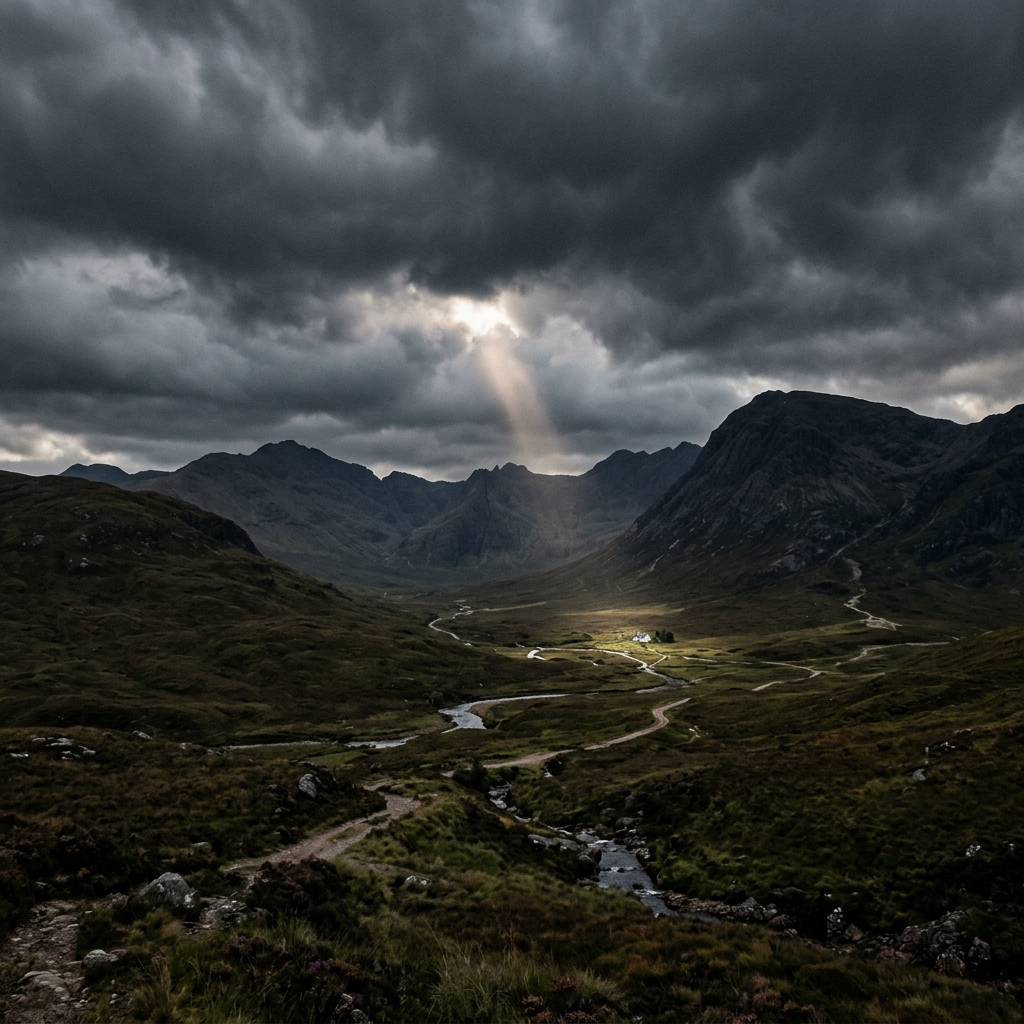 Mountain valley with dark clouds and a beam of sunlight on a cottage