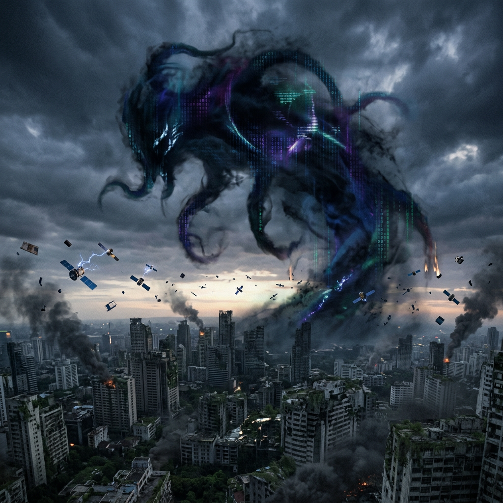 A giant dark digital kraken composed of data streams and code tentacles attacking a city with satellites and smoke around