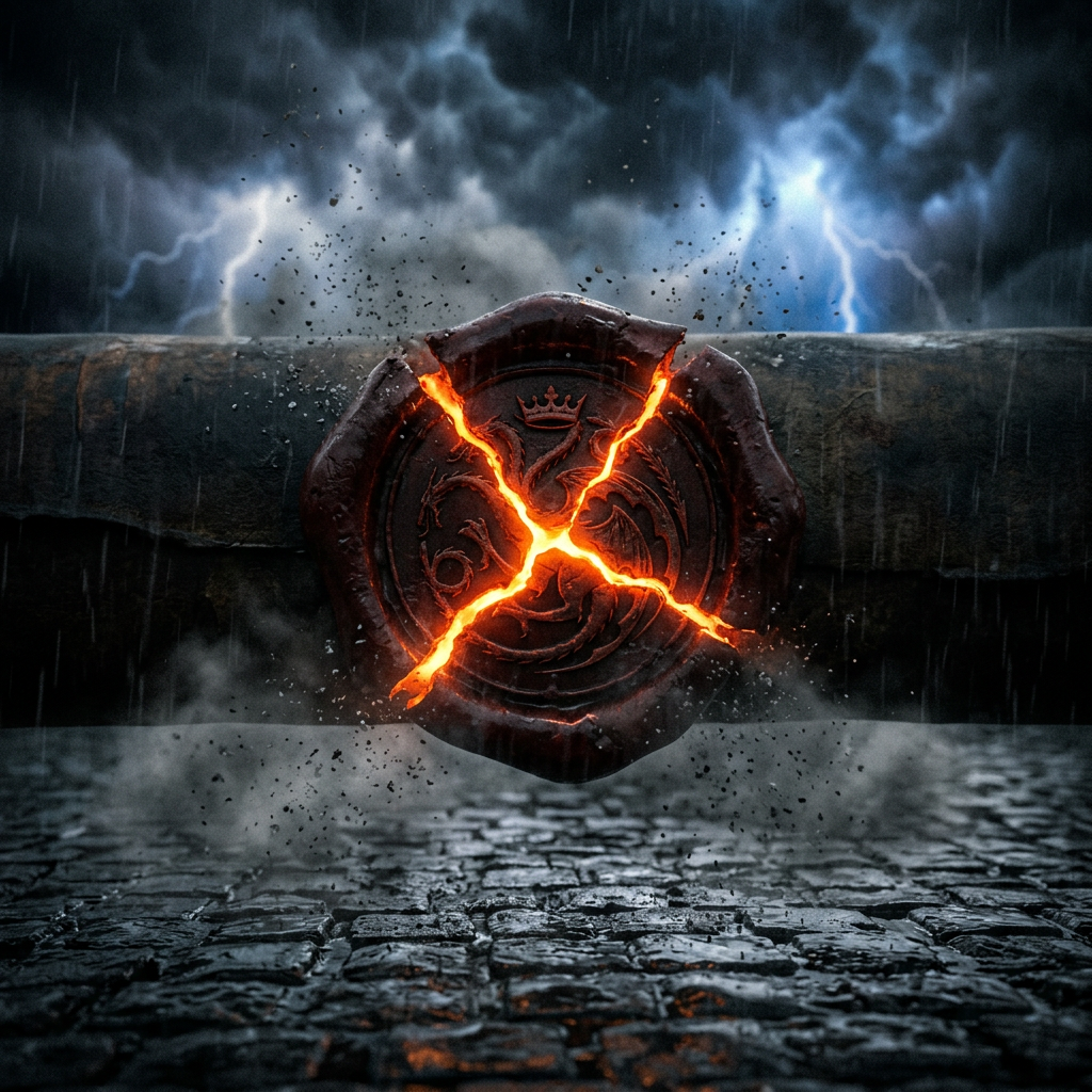 A cracked dragon sigil glowing with molten lava against a rainy, stormy backdrop