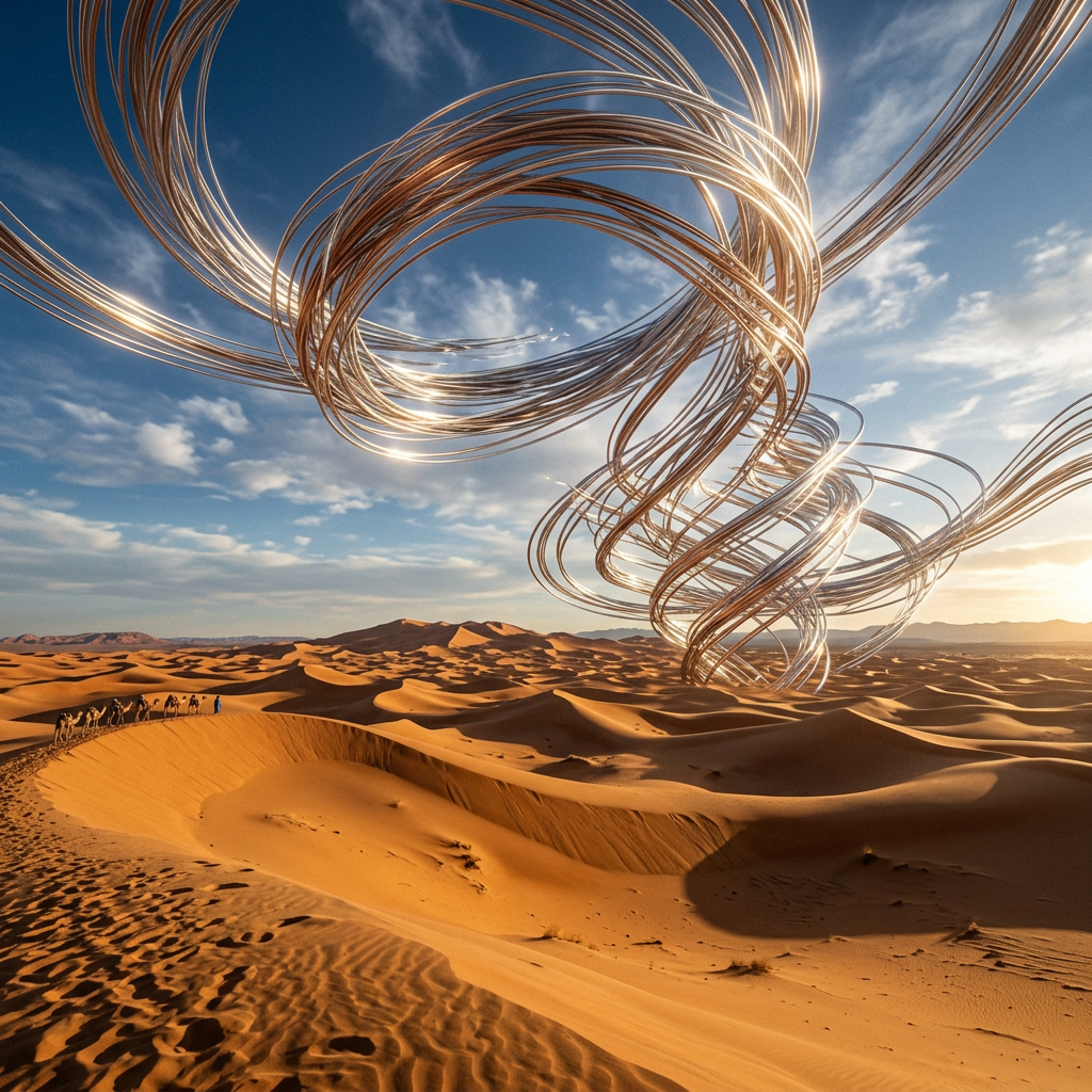 Metallic glowing twisted vortex hovering over desert sand dunes with camels and person