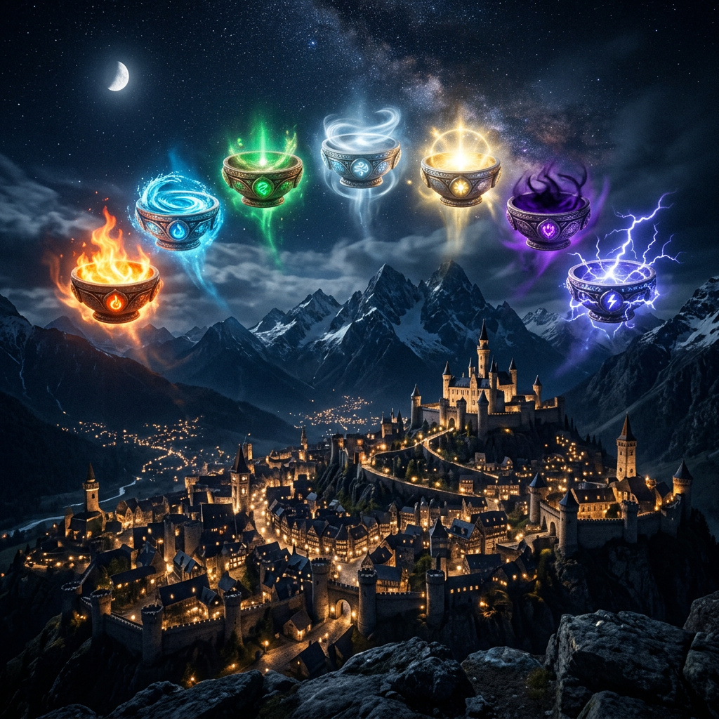 Seven glowing elemental bowls with fire, water, earth, air, light, shadow, and lightning above a lit castle at night