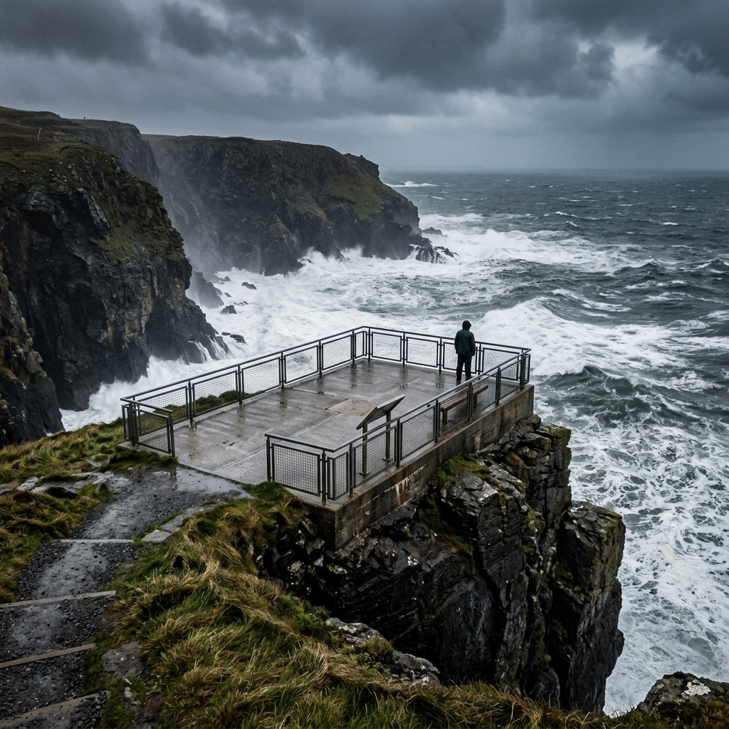 Viewing platform on rocky cliffside with rough ocean waves under stormy sky