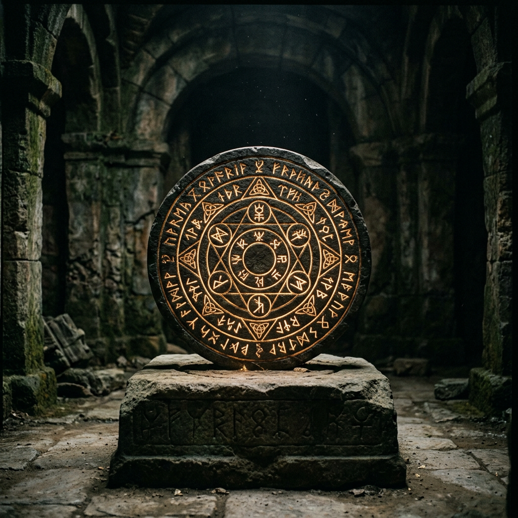 Circular stone disc with glowing mystical runes placed on an ancient altar in a dark stone chamber