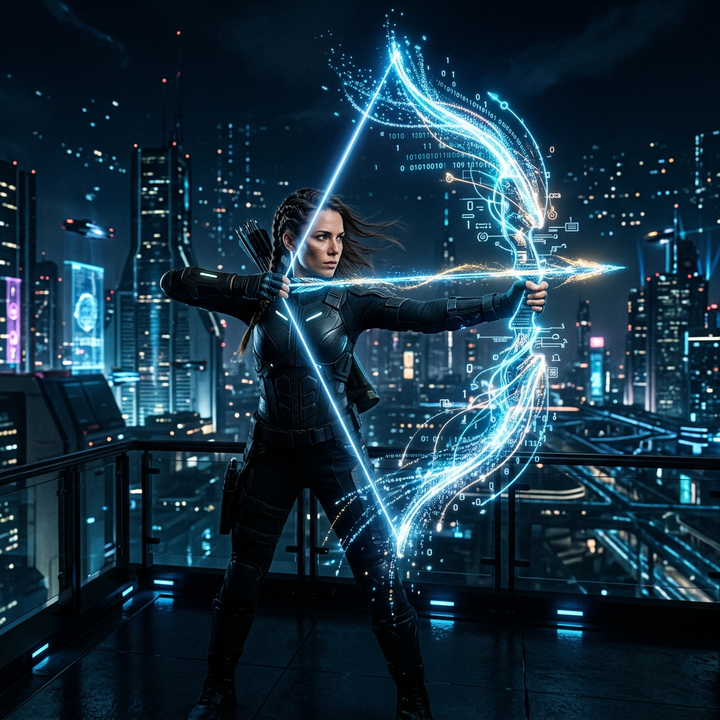 Person in tactical gear aiming a luminous digital bow with an arrow on a rooftop at night