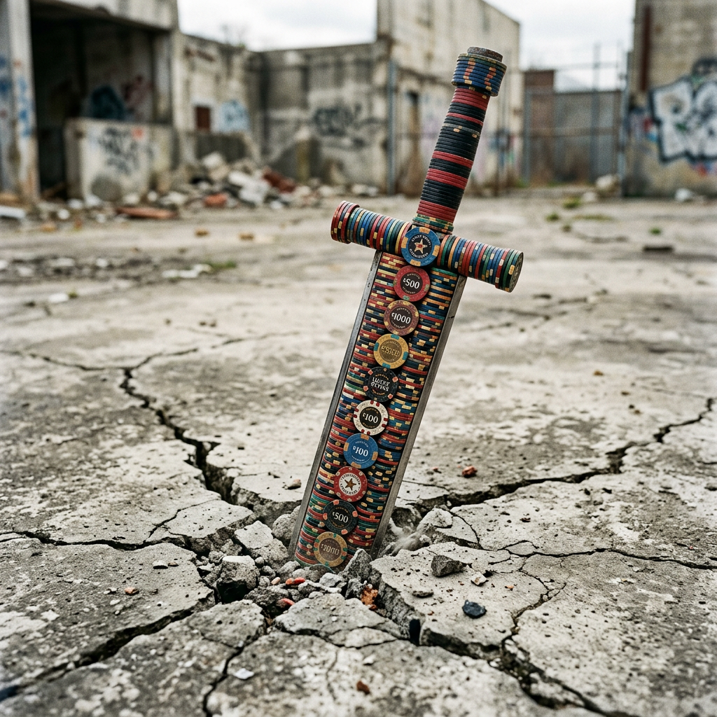 Sword constructed from stacked poker chips embedded in cracked concrete floor