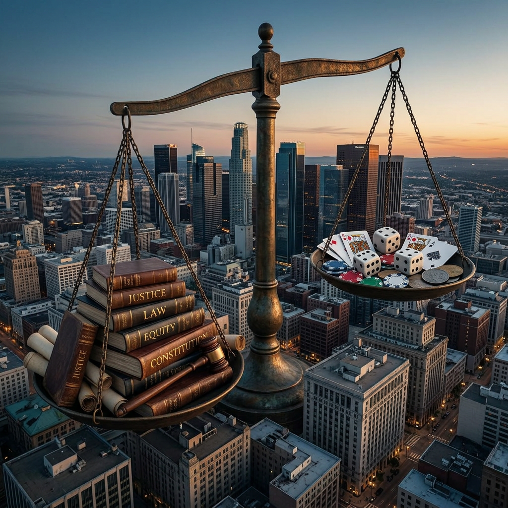 Scales weighing law books and gambling items above a city skyline at dusk