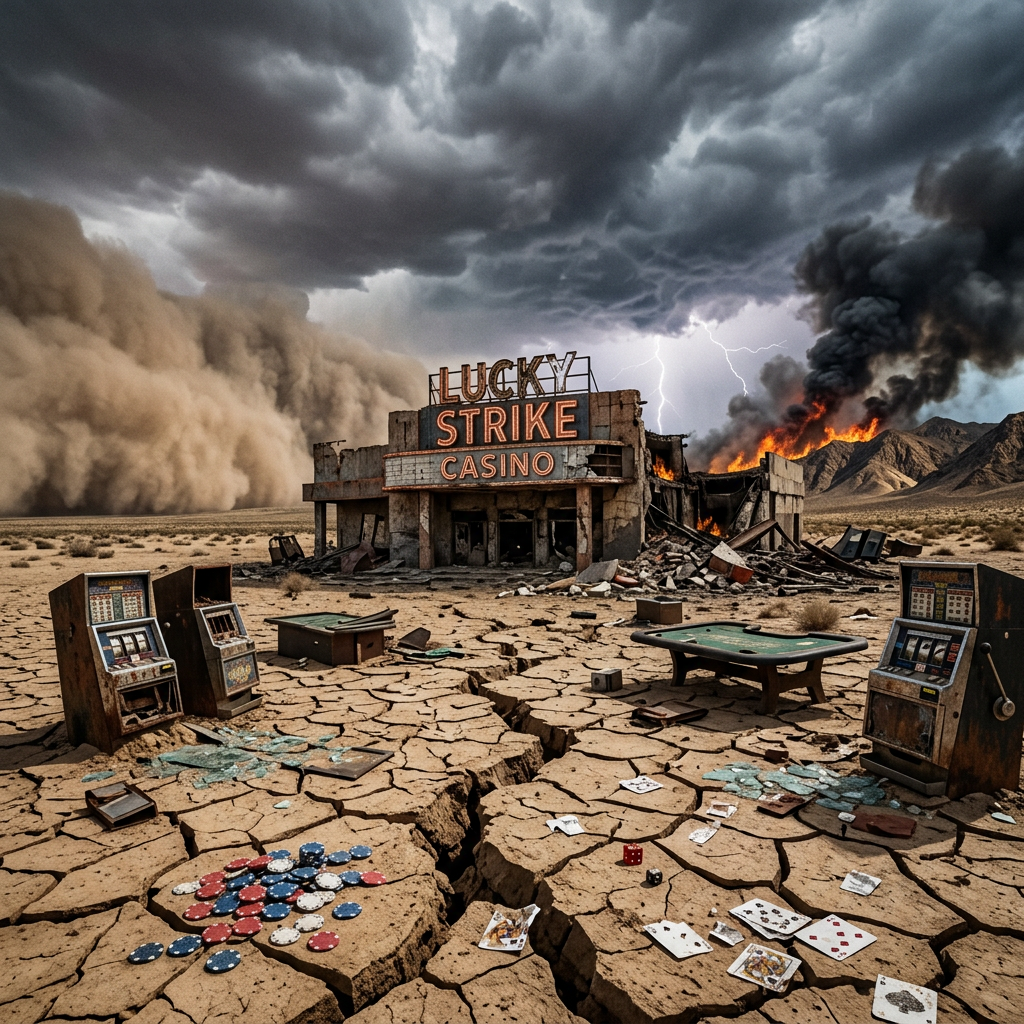 Destroyed Lucky Strike Casino with burning mountains, lightning, cracked desert floor, and scattered gaming items