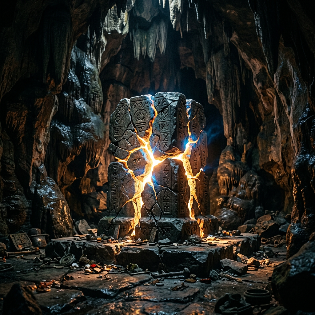 Stone monolith with ancient runes glowing through cracks inside a cave