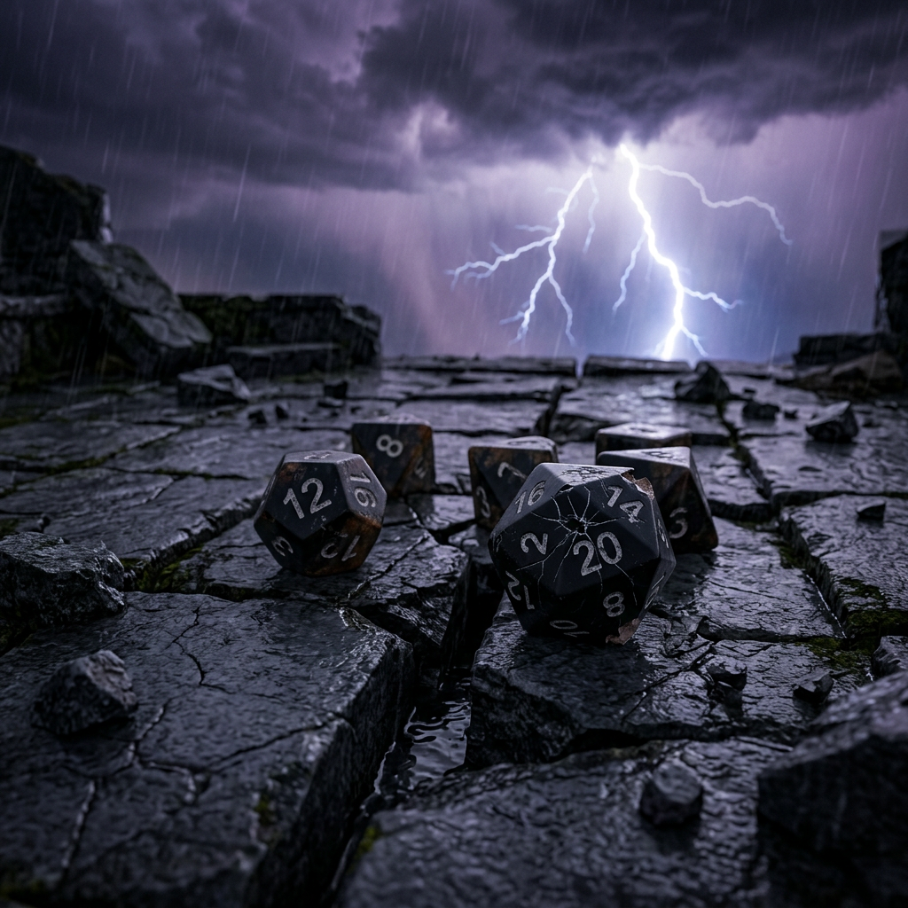 Several weathered black twenty-sided dice on cracked wet stone with lightning in background