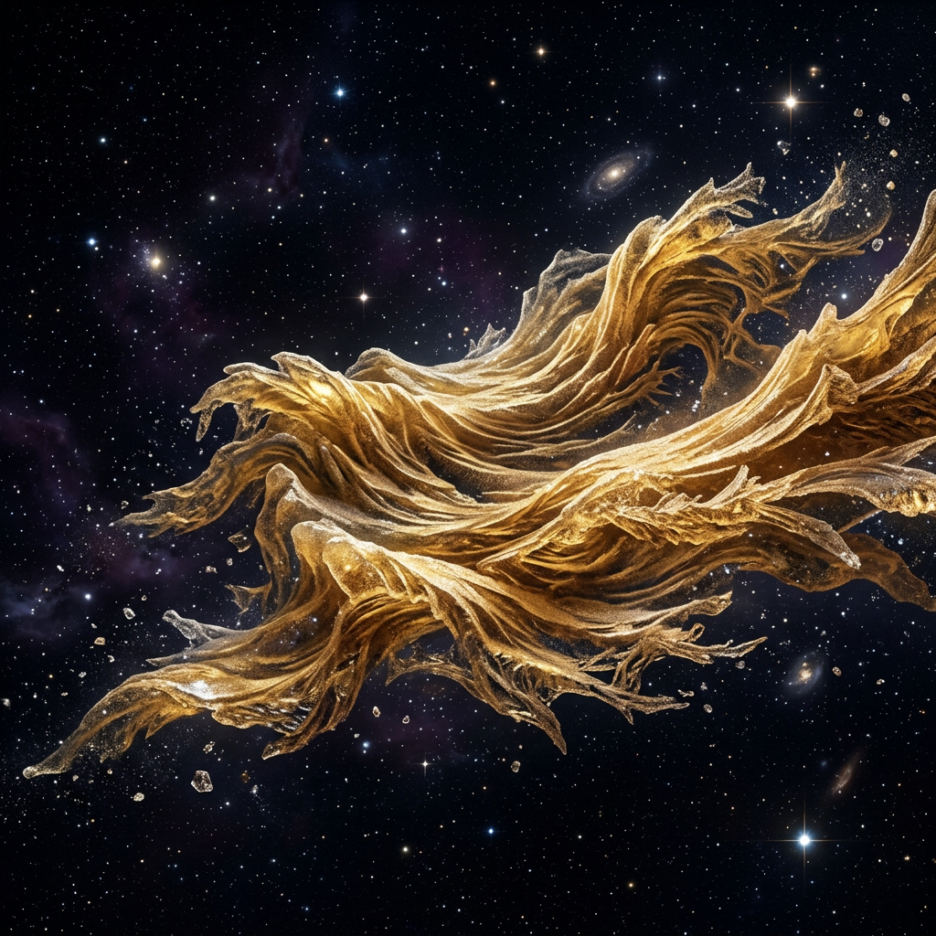 Golden swirling nebula with cosmic background of stars and galaxies
