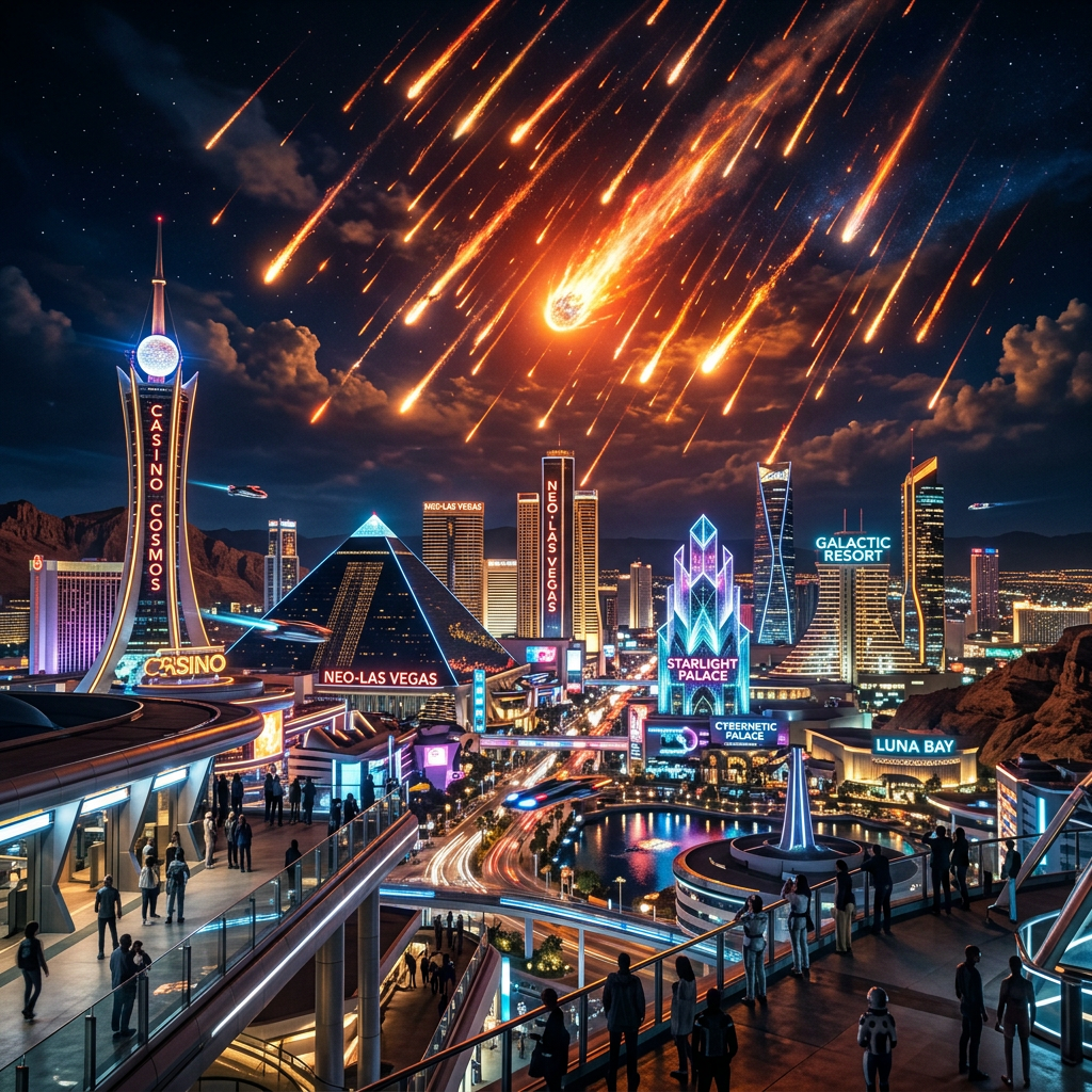 Futuristic Las Vegas cityscape with neon casinos and meteor shower in night sky