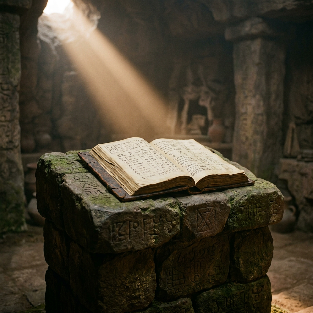 Ancient book open on moss-covered stone pedestal inside cave with light beam