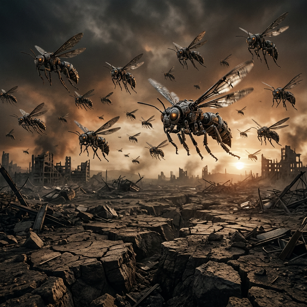 Swarm of robotic bees flying above a cracked barren wasteland with ruined buildings