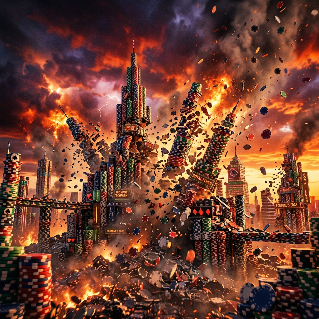 Casino city made of poker chips collapsing with chips flying and fire under dramatic sky