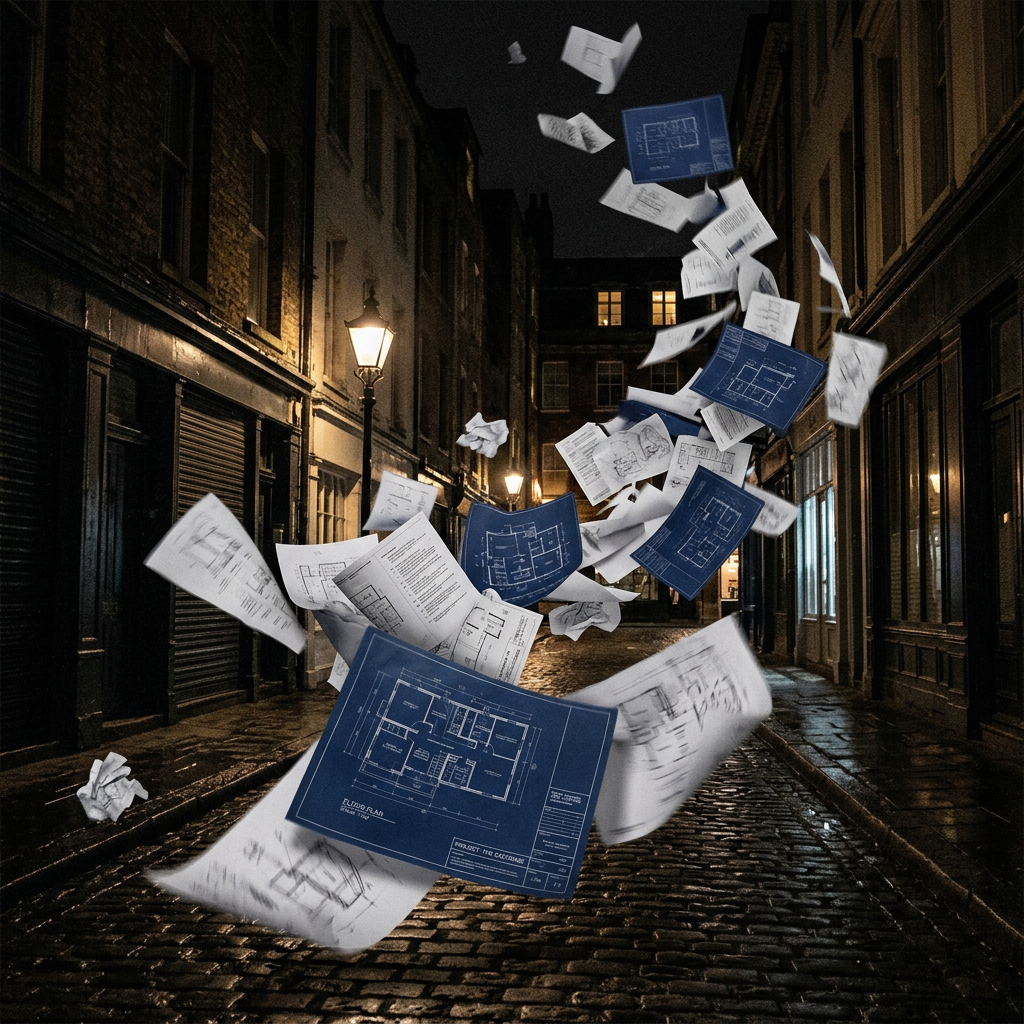 Architectural blueprints and papers scattered and floating in the air on a dark cobblestone street