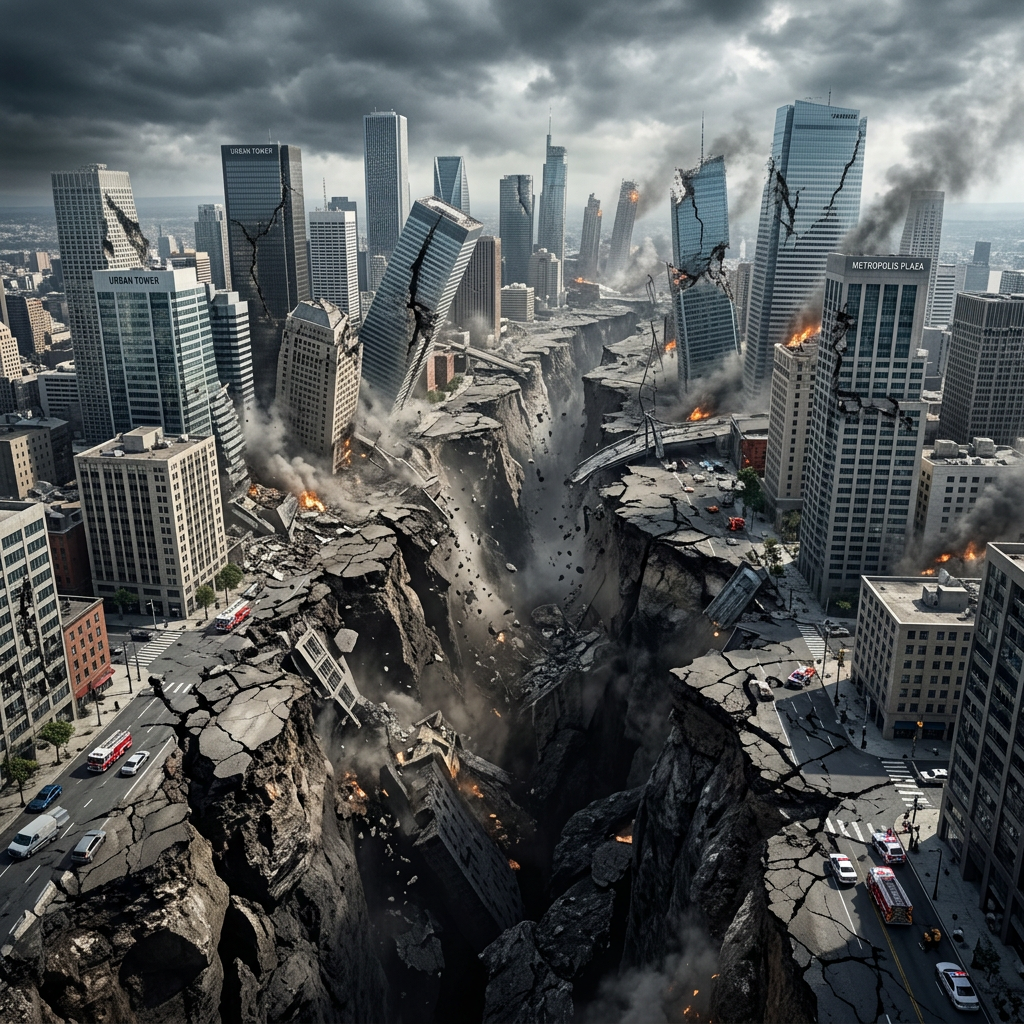 Massive earthquake splitting city streets and tilting skyscrapers with fires and smoke