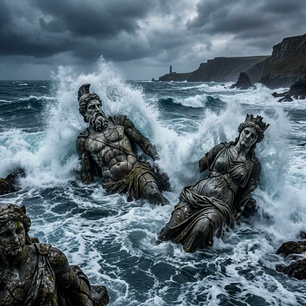 Ancient cracked stone statues of a man and woman being hit by strong ocean waves near rocky cliffs with a lighthouse in the distance
