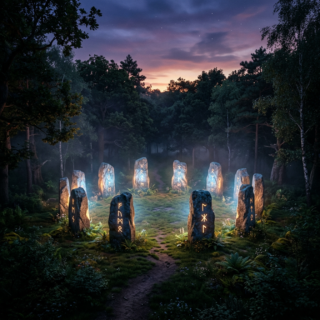 Circle of standing stones with glowing runes in a misty forest clearing at dusk