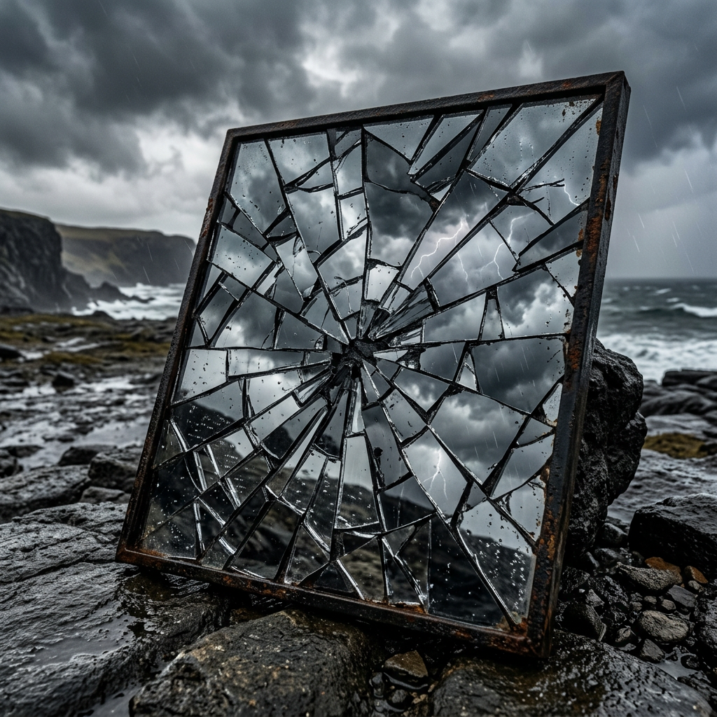 Shattered mirror reflecting lightning and stormy clouds on rocky shoreline
