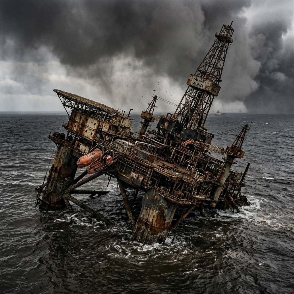 Rusty oil rig named Valiant Alpha tilting and sinking in stormy ocean with dark smoke in background