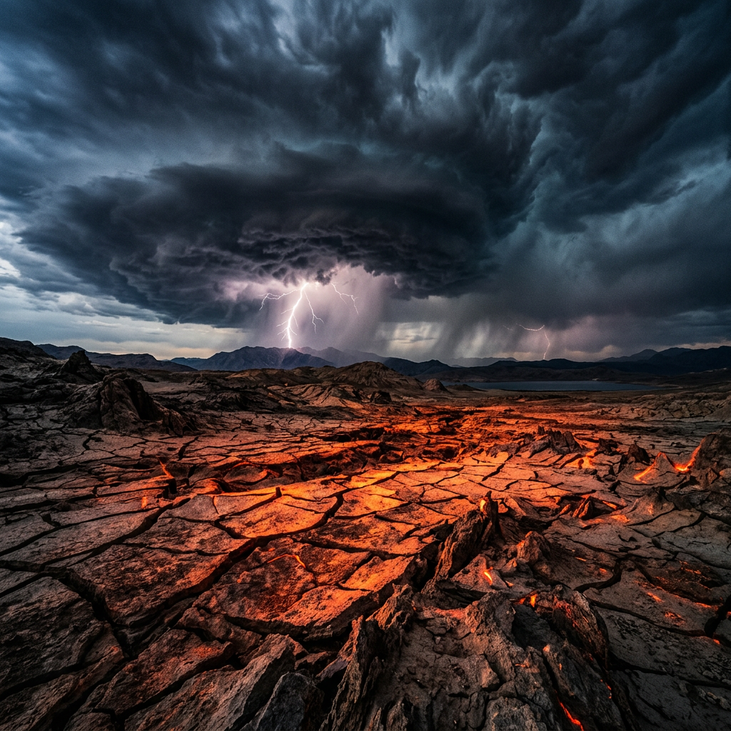 Cracked volcanic ground glowing with molten lava under stormy sky with lightning