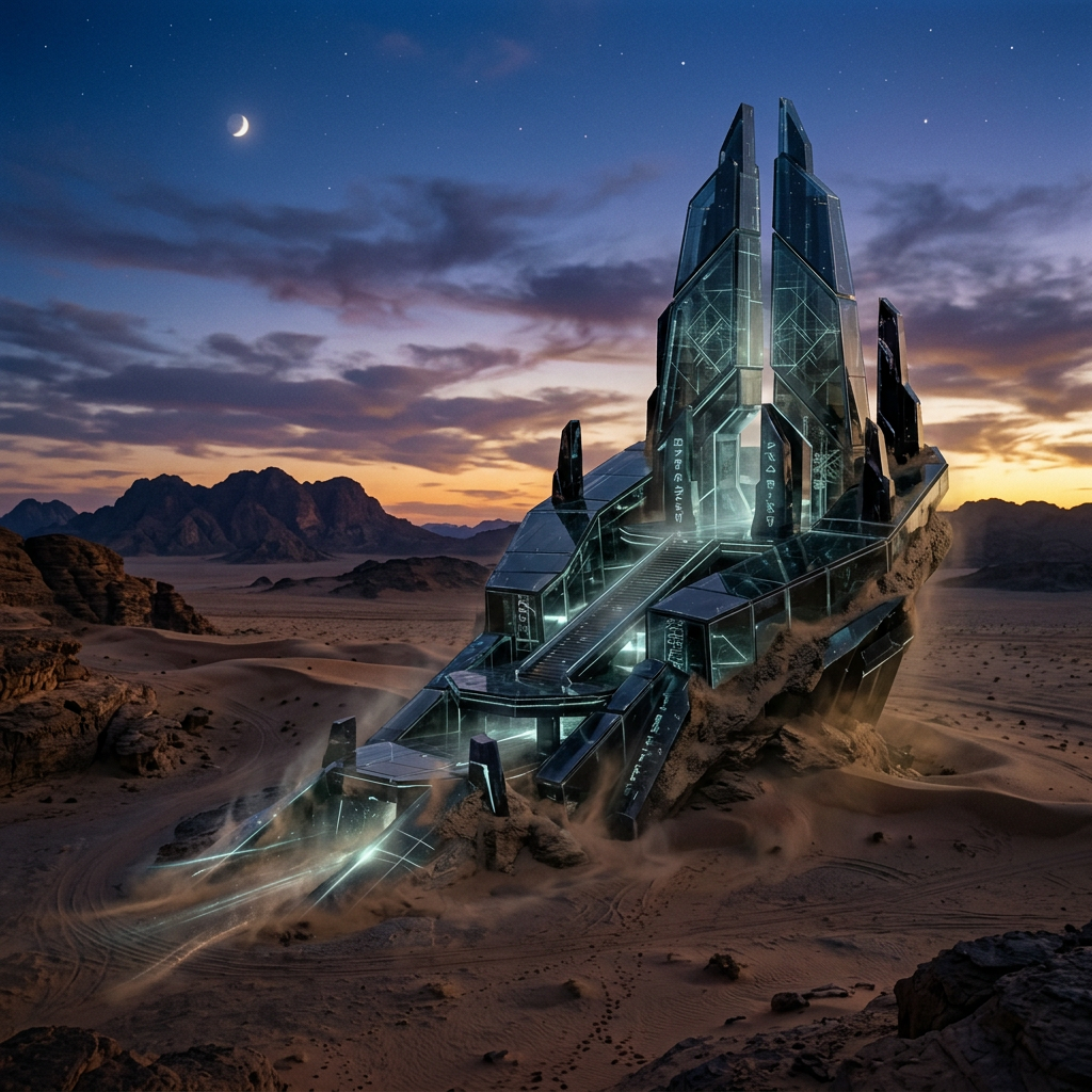 Glowing futuristic fortress with angular towers and inscriptions in a desert landscape at twilight.