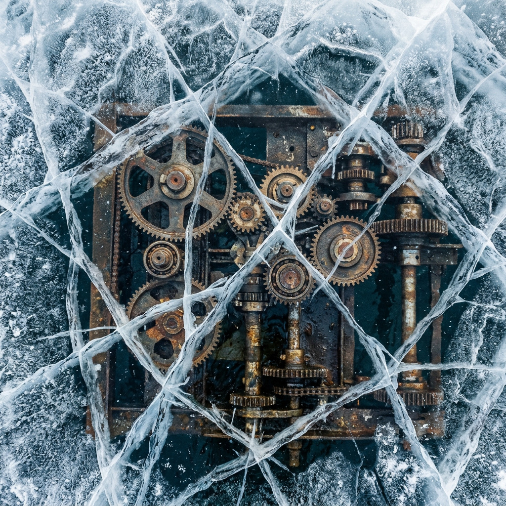 Rusty metallic gears and cogs underneath transparent cracked ice surface
