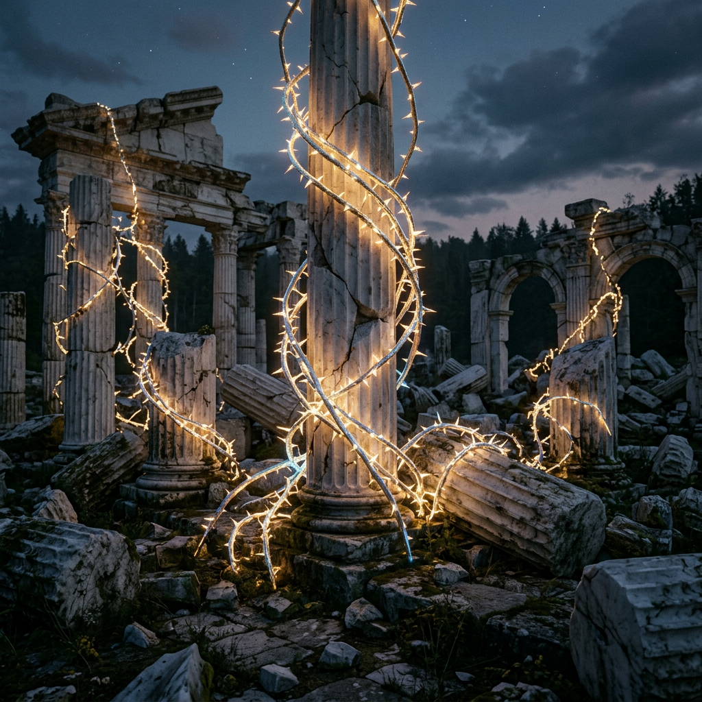Ancient broken stone columns and arches wrapped with glowing string lights at dusk