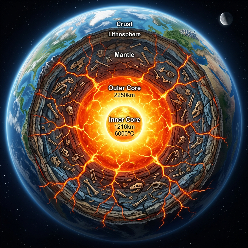 Cross section of Earth showing crust, lithosphere, mantle, outer core, and inner core with fossils and lava cracks
