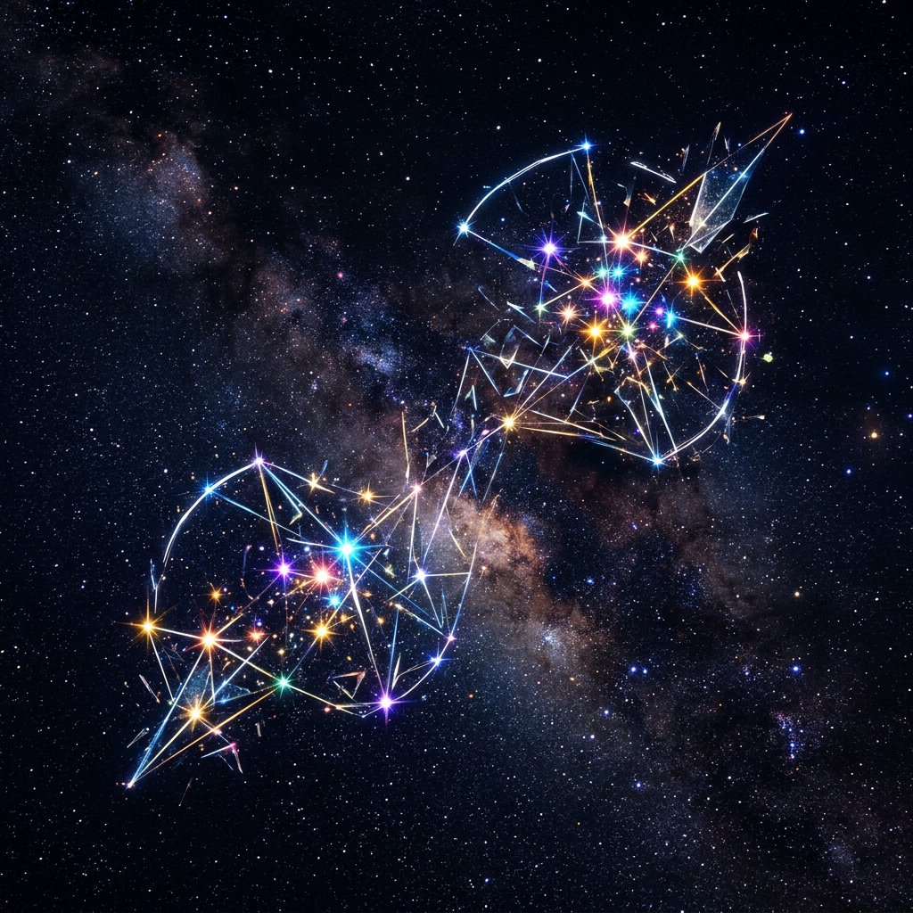 DNA double helix formed by multicolored stars connected against a starry background